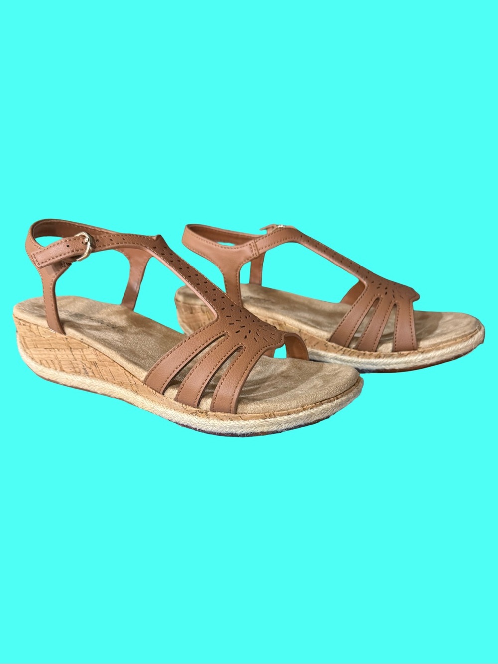 easy street Cognac Strappy Wedge Sandals